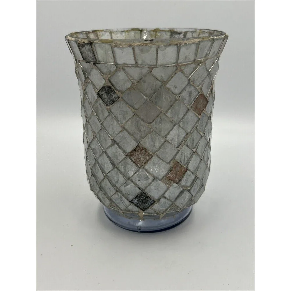 Vintage Silver Gray Mosaic Glass Candle Holder Votive Hurricane Boho Decor 6